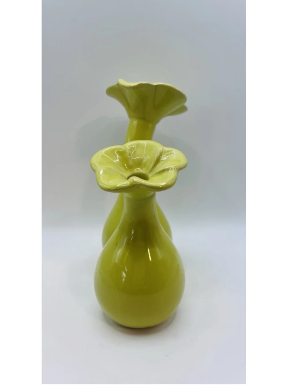 Vintage Chartreuse Double Bulb Ceramic Vase Yellow Green Whimsical Two Stem